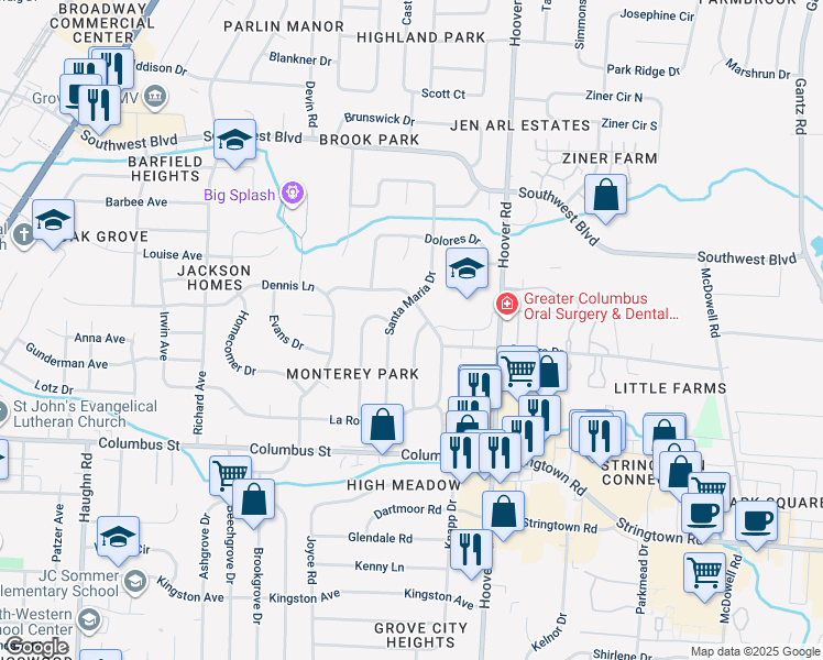 map of restaurants, bars, coffee shops, grocery stores, and more near 3849 Monterey Drive in Grove City