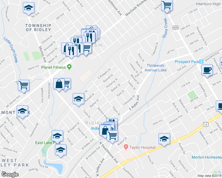map of restaurants, bars, coffee shops, grocery stores, and more near 315 Barker Street in Ridley Park
