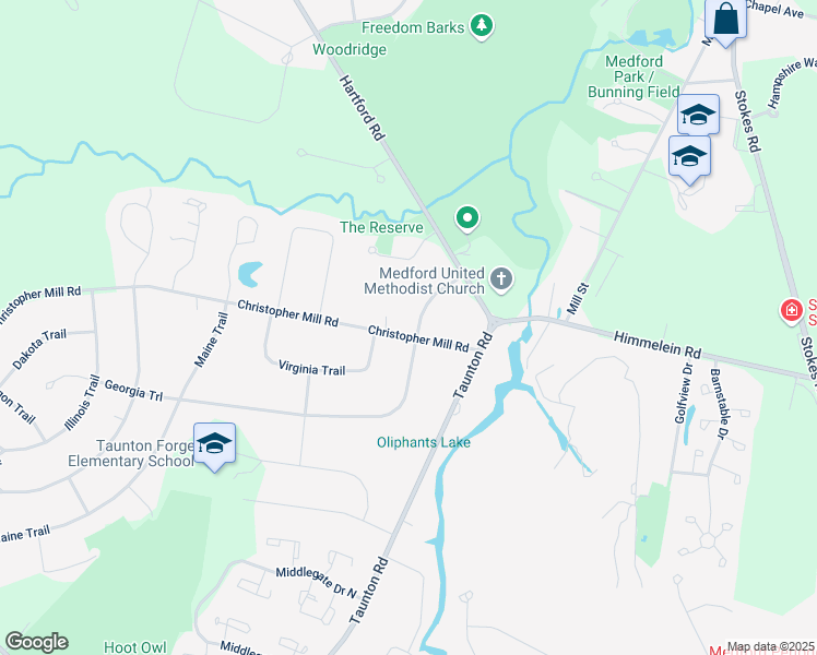 map of restaurants, bars, coffee shops, grocery stores, and more near 14 Georgia Trail in Medford