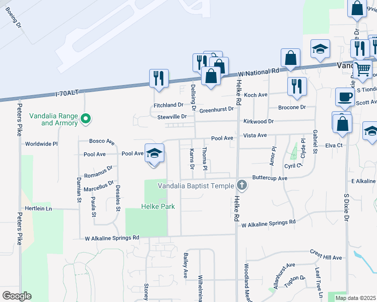 map of restaurants, bars, coffee shops, grocery stores, and more near 525 Karns Drive in Vandalia