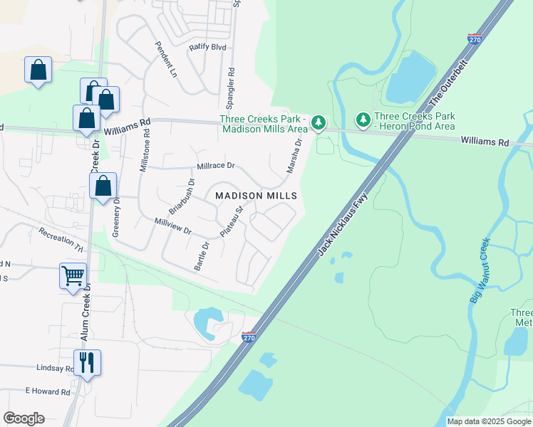 map of restaurants, bars, coffee shops, grocery stores, and more near 2800 Duvall Lane in Columbus