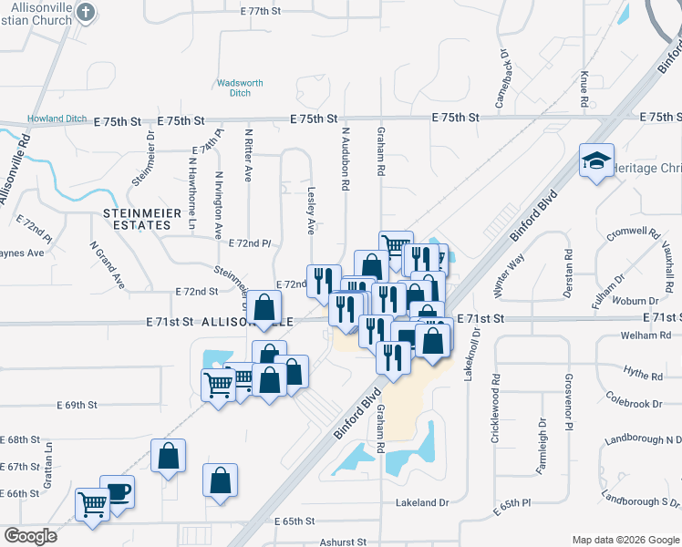 map of restaurants, bars, coffee shops, grocery stores, and more near 7203 North Audubon Road in Indianapolis