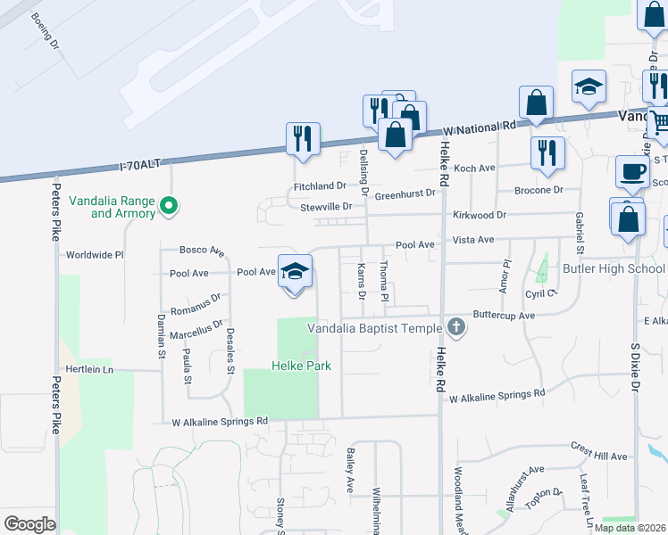 map of restaurants, bars, coffee shops, grocery stores, and more near 516 Randler Avenue in Vandalia