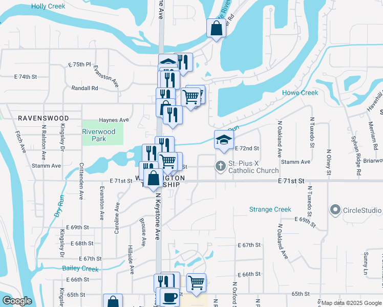map of restaurants, bars, coffee shops, grocery stores, and more near 2545 Van Tassel Drive in Indianapolis