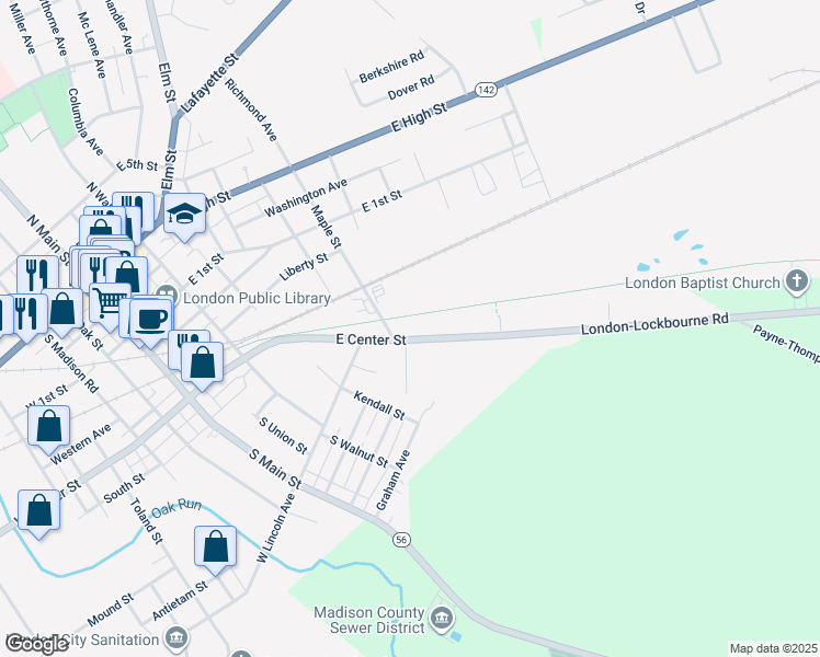 map of restaurants, bars, coffee shops, grocery stores, and more near 171 East Center Street in London