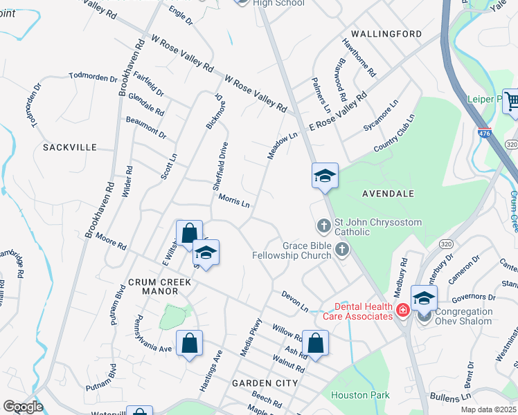 map of restaurants, bars, coffee shops, grocery stores, and more near 333 Meadow Lane in Nether Providence Township