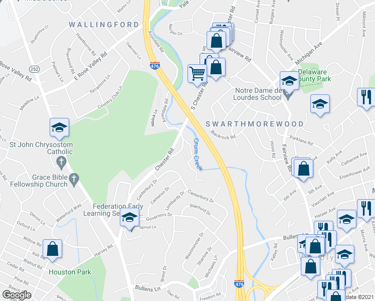 map of restaurants, bars, coffee shops, grocery stores, and more near 700 Avondale Road in Delaware County
