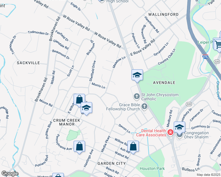 map of restaurants, bars, coffee shops, grocery stores, and more near 333 Meadow Lane in Nether Providence Township