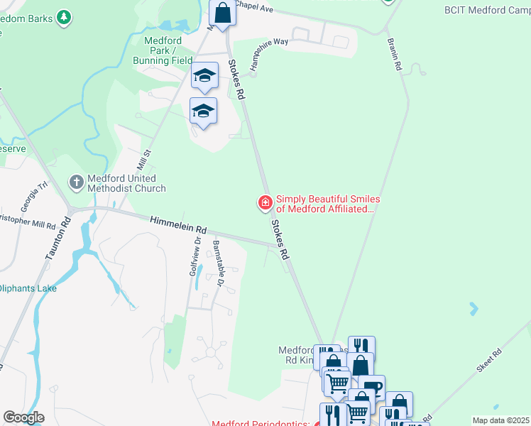 map of restaurants, bars, coffee shops, grocery stores, and more near 334 Stokes Road in Medford