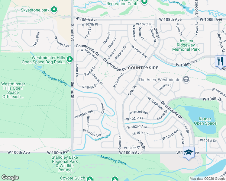 map of restaurants, bars, coffee shops, grocery stores, and more near 10346 Owens Circle in Westminster