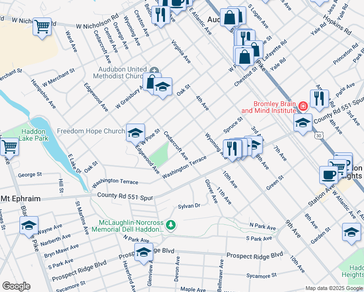 map of restaurants, bars, coffee shops, grocery stores, and more near 349 Walnut St in Audubon