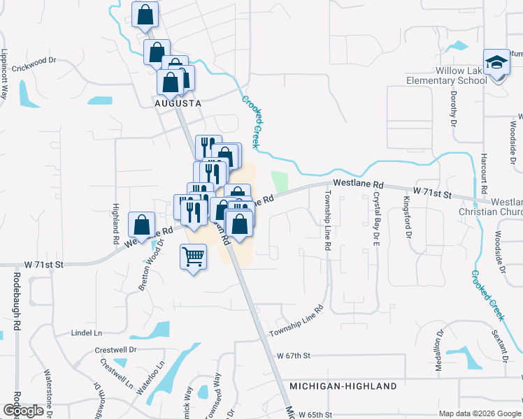 map of restaurants, bars, coffee shops, grocery stores, and more near 2611 West 71st Street in Indianapolis