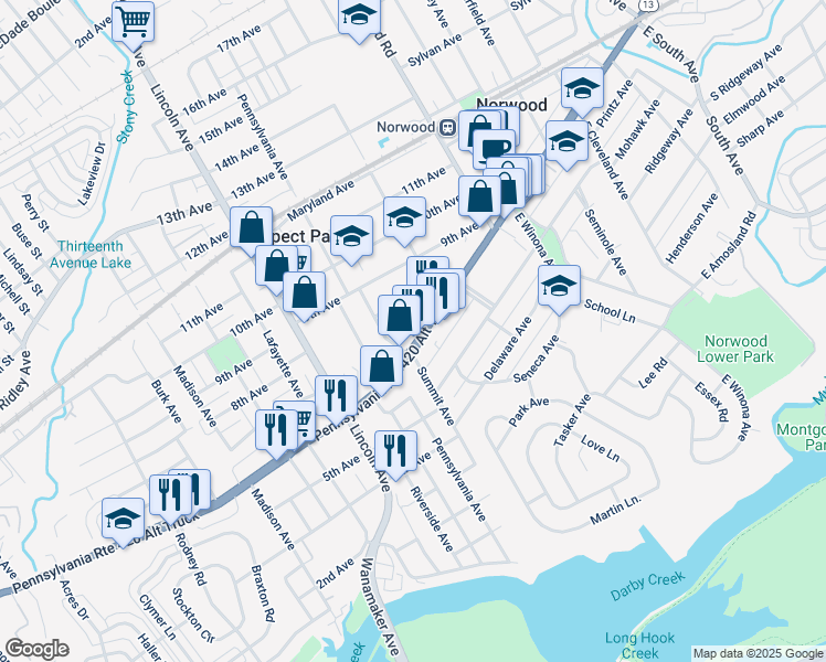 map of restaurants, bars, coffee shops, grocery stores, and more near 633 Chester Pike in Prospect Park