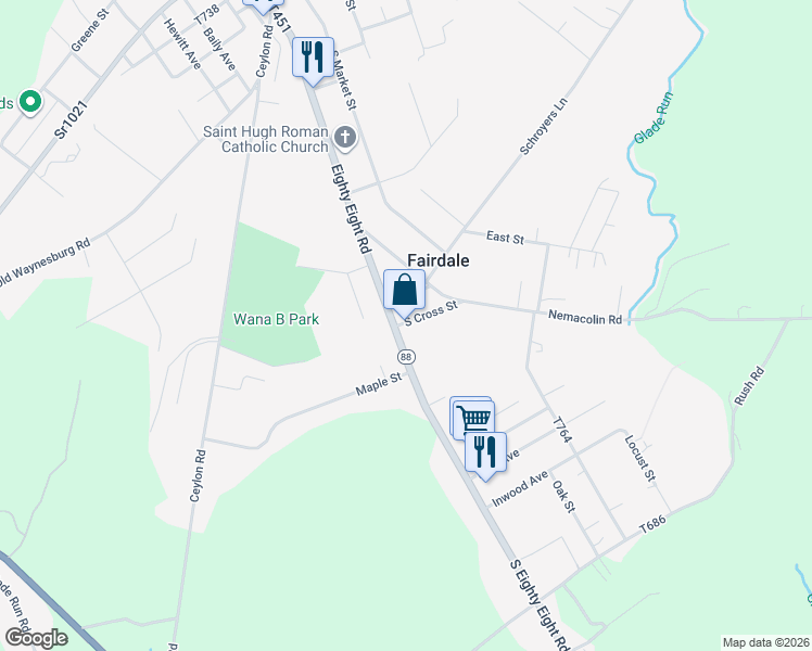 map of restaurants, bars, coffee shops, grocery stores, and more near 398 South Eighty Eight Road in Carmichaels