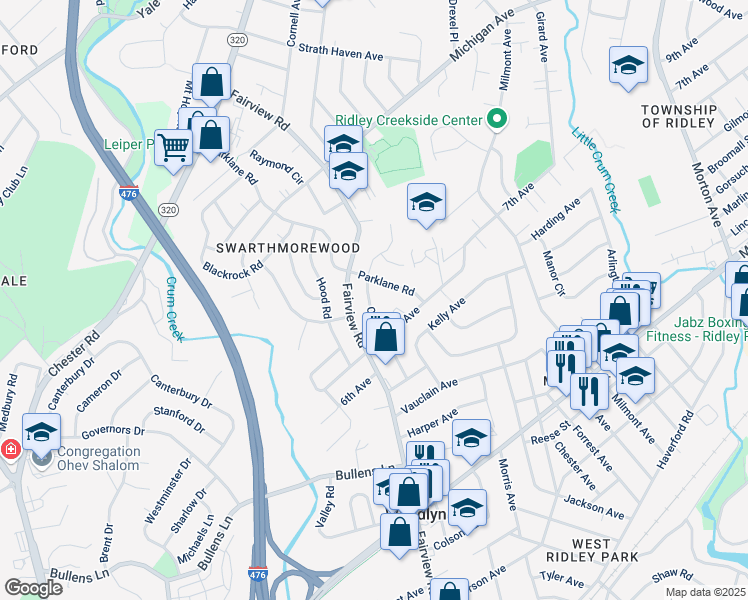 map of restaurants, bars, coffee shops, grocery stores, and more near 722 Colwell Road in Swarthmore