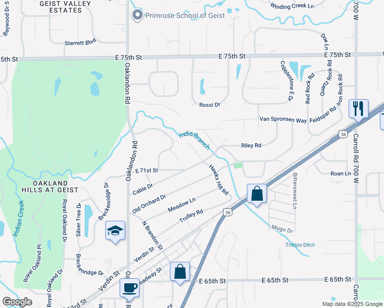 map of restaurants, bars, coffee shops, grocery stores, and more near 7138 Hawks Hill Road in Indianapolis