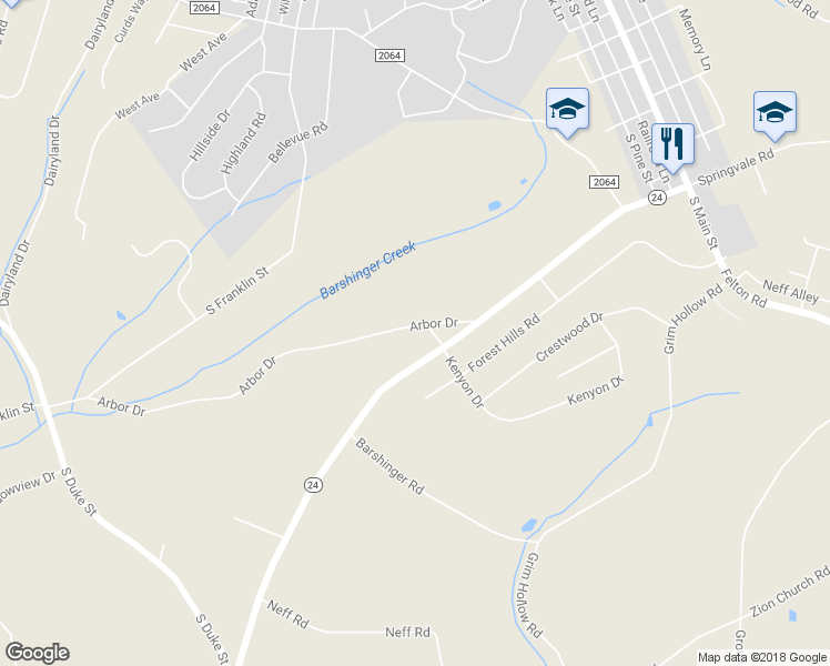 map of restaurants, bars, coffee shops, grocery stores, and more near 375 Arbor Drive in Red Lion