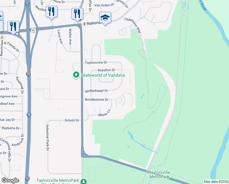 map of restaurants, bars, coffee shops, grocery stores, and more near 1098 Wollenhaupt Drive in Vandalia