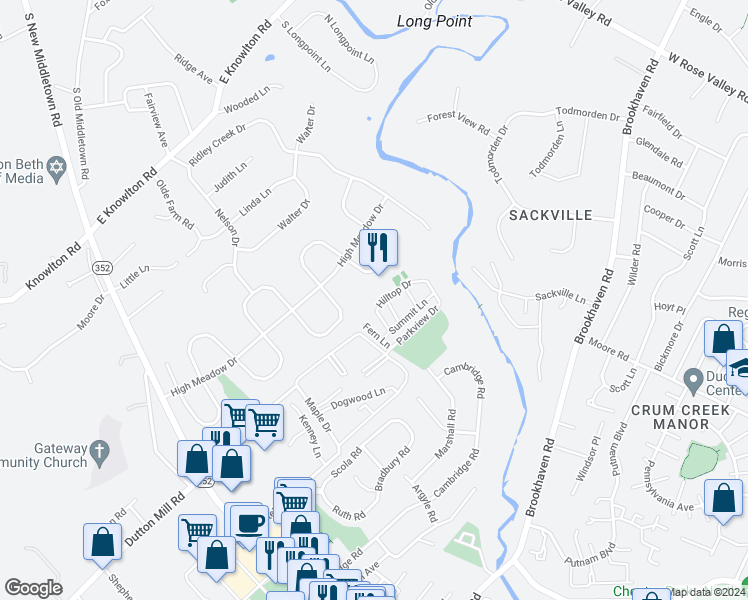 map of restaurants, bars, coffee shops, grocery stores, and more near 7412 Hilltop Drive in Brookhaven