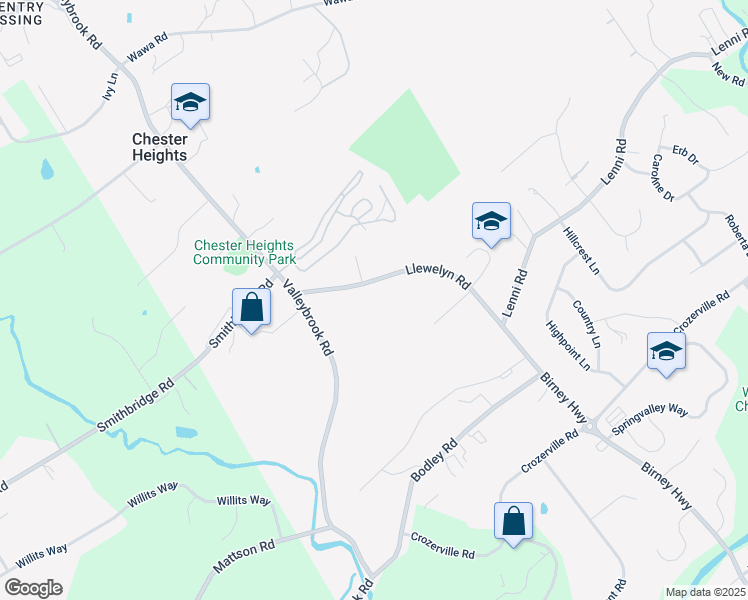 map of restaurants, bars, coffee shops, grocery stores, and more near 257 Llewelyn Road in Chester Heights