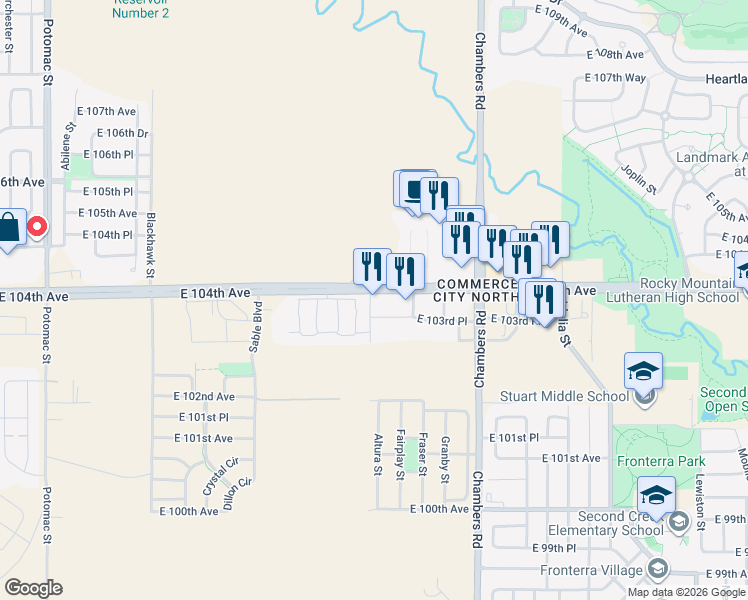 map of restaurants, bars, coffee shops, grocery stores, and more near 14950 East 104th Avenue in Commerce City