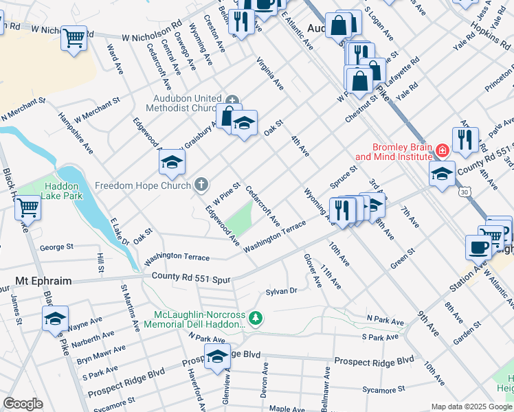map of restaurants, bars, coffee shops, grocery stores, and more near 349 Walnut Street in Audubon
