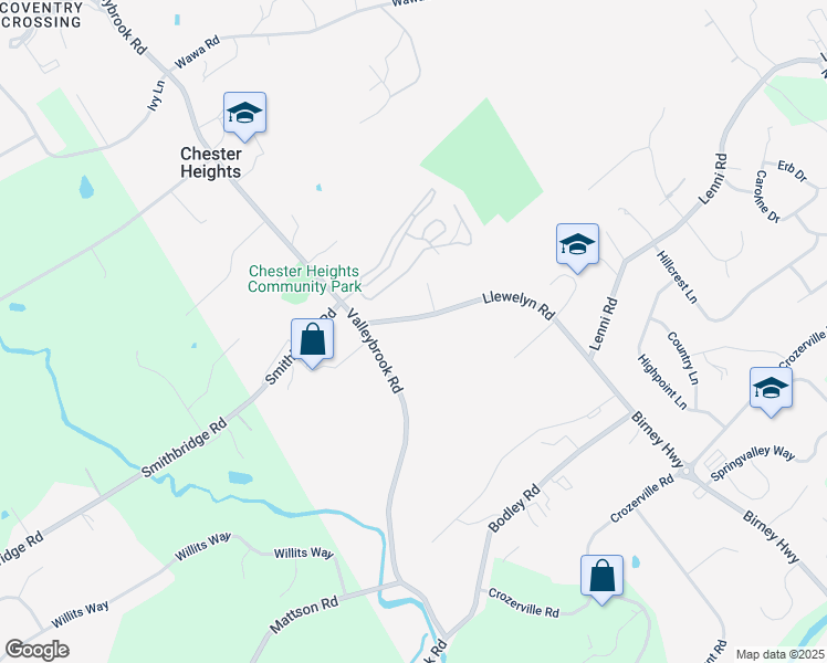 map of restaurants, bars, coffee shops, grocery stores, and more near 233 Llewelyn Road in Chester Heights