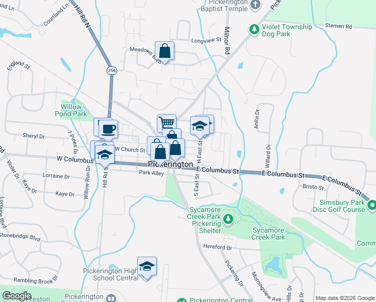 map of restaurants, bars, coffee shops, grocery stores, and more near 56 East Church Street in Pickerington