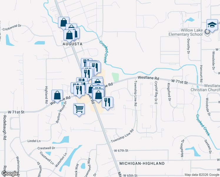 map of restaurants, bars, coffee shops, grocery stores, and more near 2611 West 71st Street in Indianapolis
