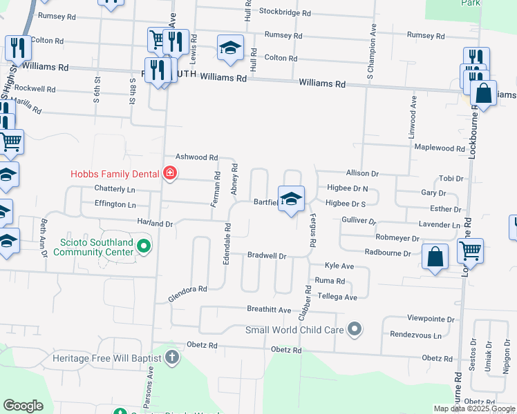 map of restaurants, bars, coffee shops, grocery stores, and more near 701 Bartfield Drive in Columbus