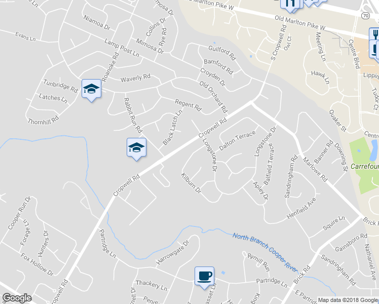 map of restaurants, bars, coffee shops, grocery stores, and more near 107 Kilburn Drive in Cherry Hill