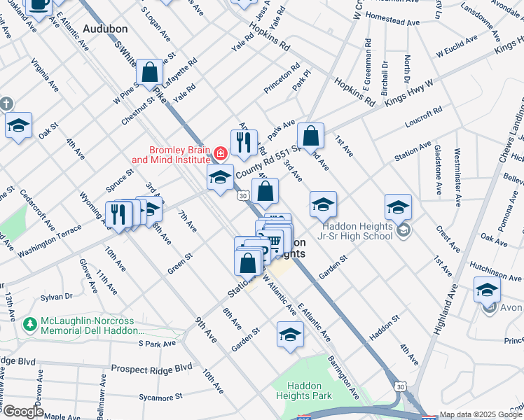 map of restaurants, bars, coffee shops, grocery stores, and more near 103 White Horse Pike in Haddon Heights