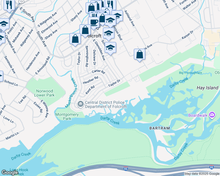 map of restaurants, bars, coffee shops, grocery stores, and more near 1136 Taylor Drive in Folcroft