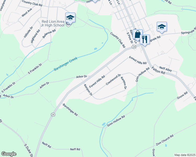 map of restaurants, bars, coffee shops, grocery stores, and more near 215 Forest Hills Rd in Red Lion