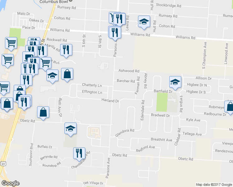 map of restaurants, bars, coffee shops, grocery stores, and more near 3752 Parsons Avenue in Columbus