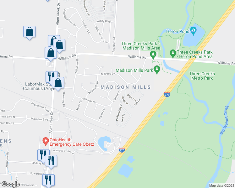 map of restaurants, bars, coffee shops, grocery stores, and more near 4056 Plateau Street in Columbus
