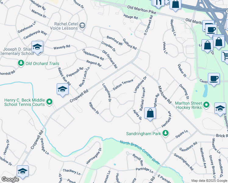 map of restaurants, bars, coffee shops, grocery stores, and more near 100 Dalton Terrace in Cherry Hill
