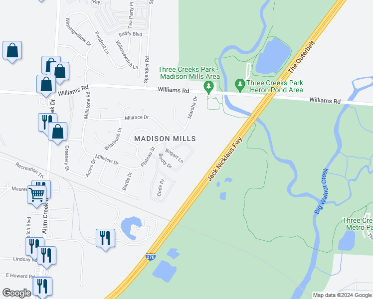 map of restaurants, bars, coffee shops, grocery stores, and more near 2879 Duvall Lane in Columbus