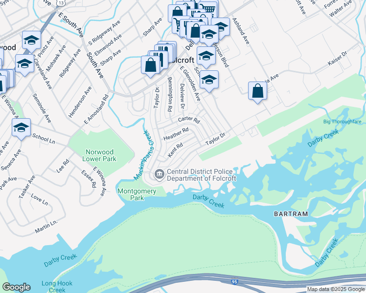 map of restaurants, bars, coffee shops, grocery stores, and more near 2073 Kent Road in Folcroft