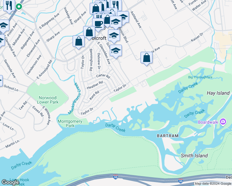 map of restaurants, bars, coffee shops, grocery stores, and more near 1138 Taylor Drive in Folcroft