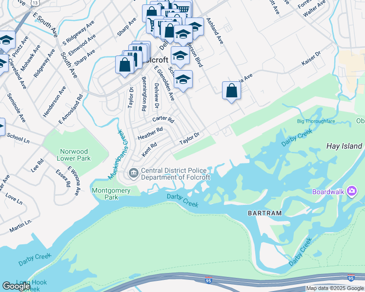 map of restaurants, bars, coffee shops, grocery stores, and more near 1136 Taylor Drive in Folcroft