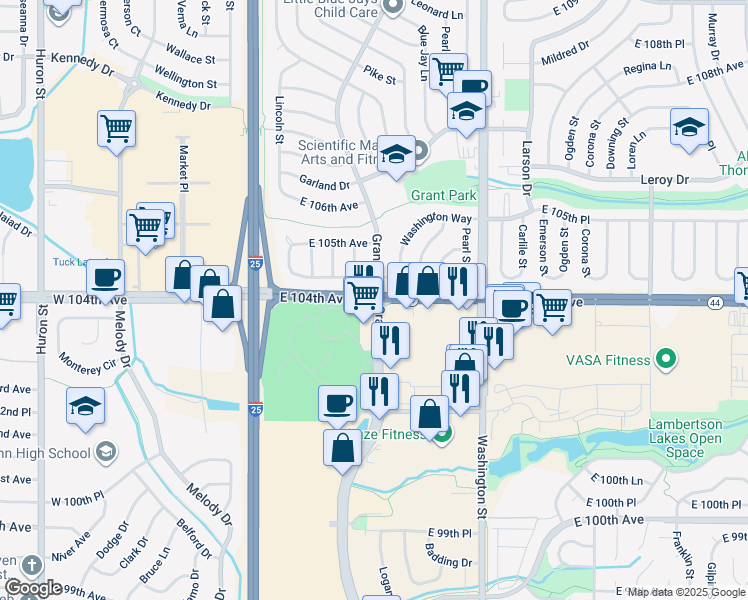 map of restaurants, bars, coffee shops, grocery stores, and more near 14601 Grant Street in Thornton