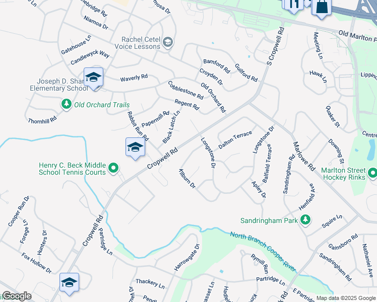 map of restaurants, bars, coffee shops, grocery stores, and more near 107 Kilburn Drive in Cherry Hill