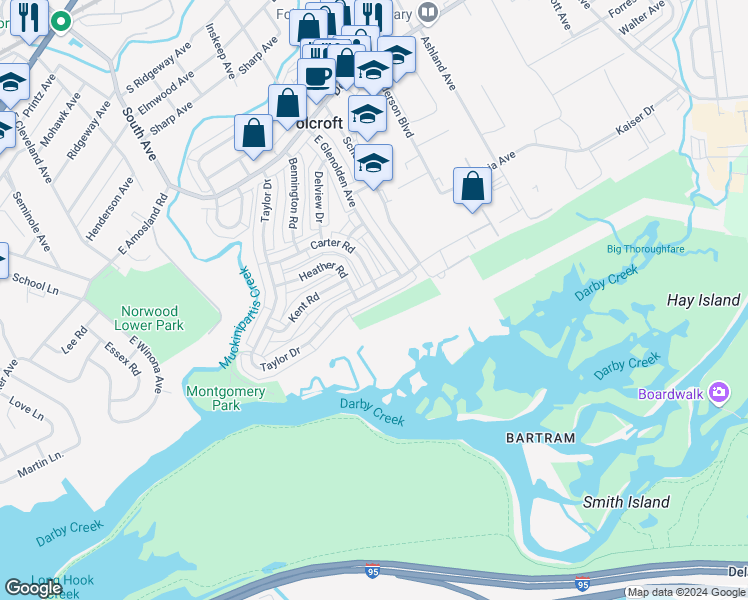 map of restaurants, bars, coffee shops, grocery stores, and more near 1138 Taylor Drive in Folcroft