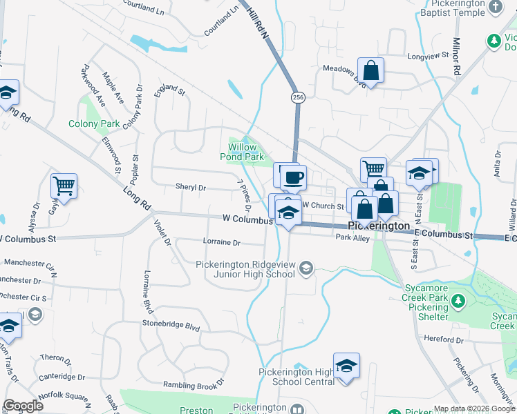 map of restaurants, bars, coffee shops, grocery stores, and more near 16 Shannon Drive in Pickerington
