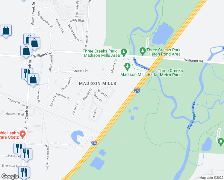 map of restaurants, bars, coffee shops, grocery stores, and more near 2879 Duvall Lane in Columbus