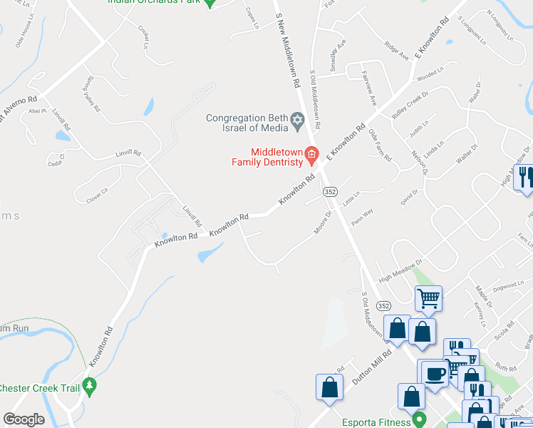map of restaurants, bars, coffee shops, grocery stores, and more near 53 West Knowlton Road in Media