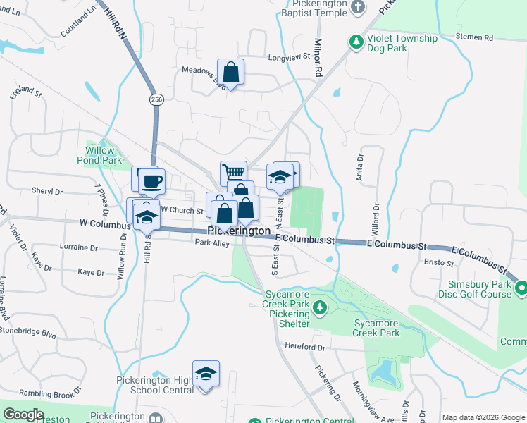 map of restaurants, bars, coffee shops, grocery stores, and more near 56 East Church Street in Pickerington