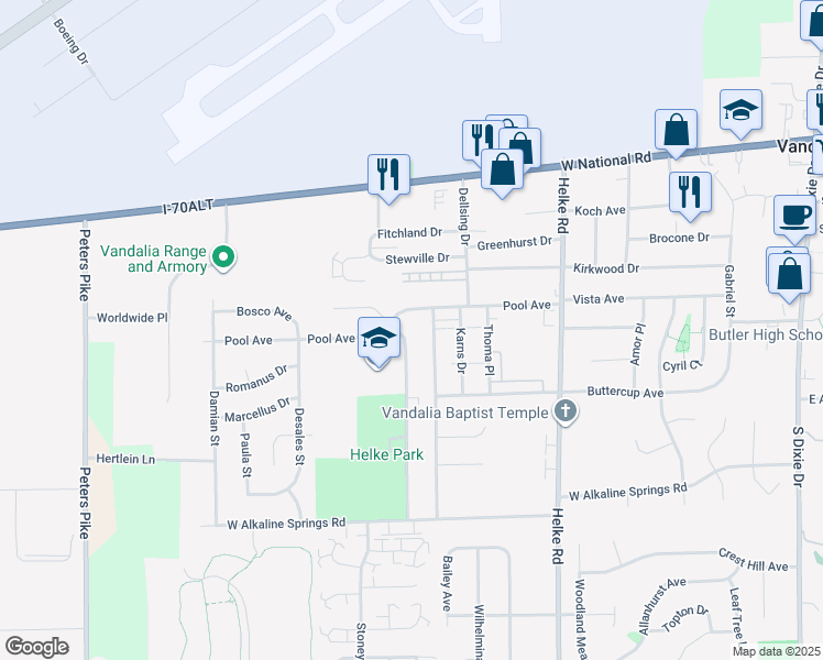 map of restaurants, bars, coffee shops, grocery stores, and more near 516 Randler Avenue in Vandalia