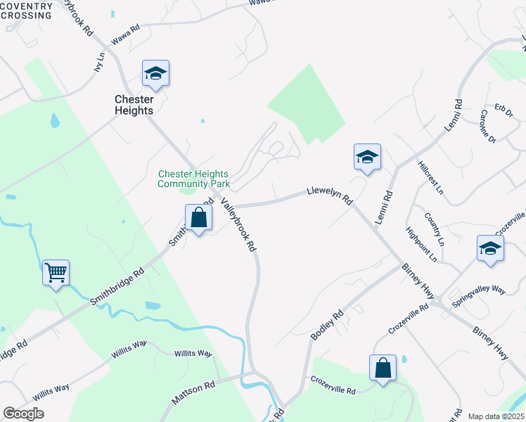 map of restaurants, bars, coffee shops, grocery stores, and more near 233 Llewelyn Road in Chester Heights